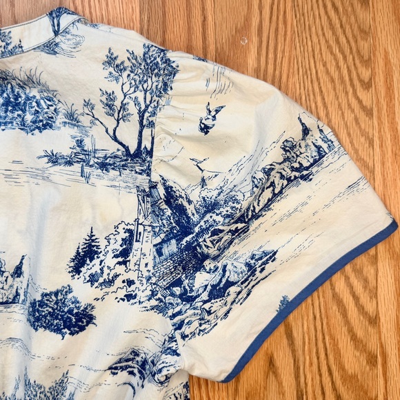 Blue White Toile Maxi Dress L Coastal Grandmother Cottagecore Tiered 100% Cotton - Picture 8 of 12